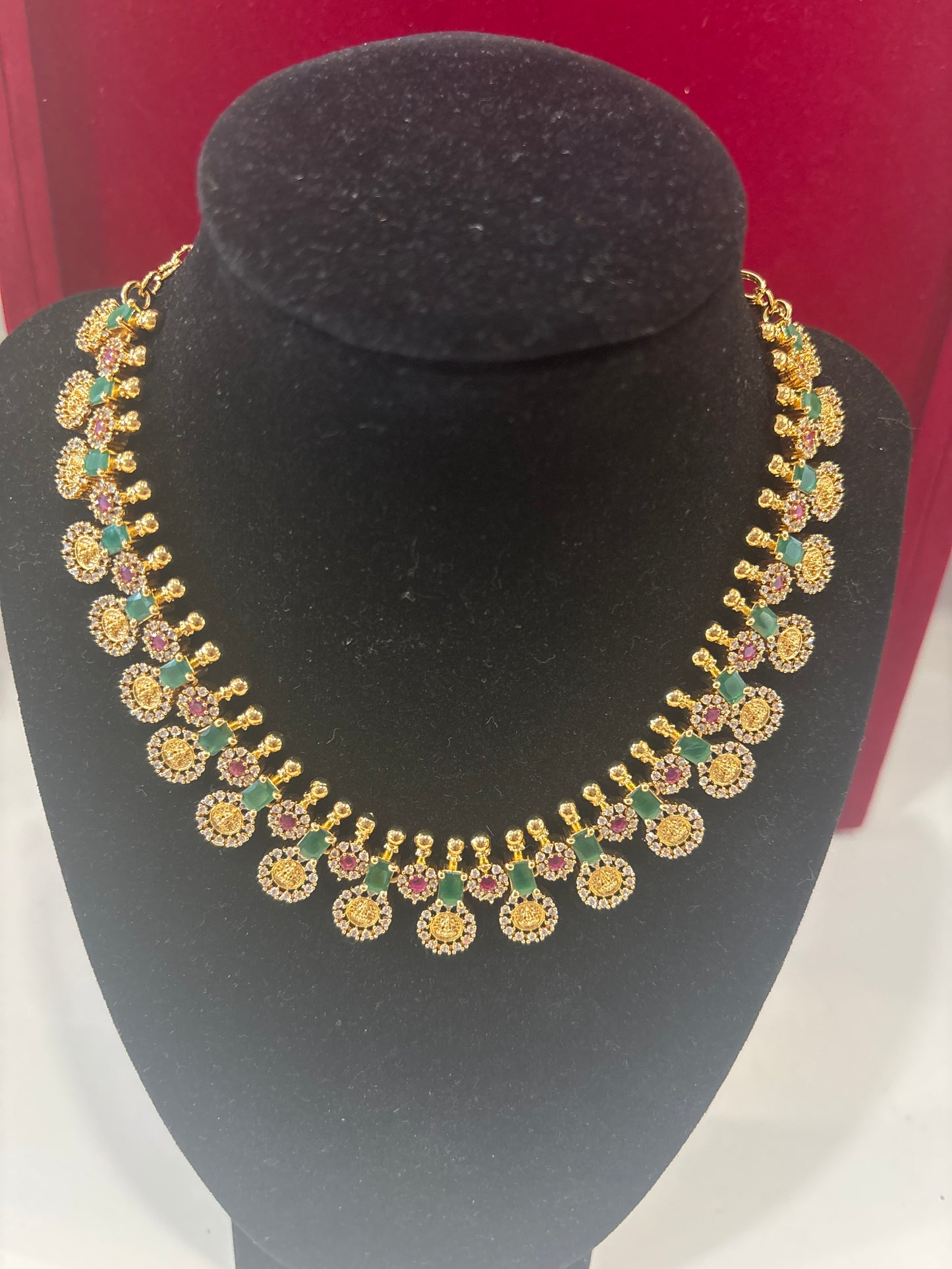 Majestic Ruby & Emerald Grace Gold Plated Necklace with Earrings For Women