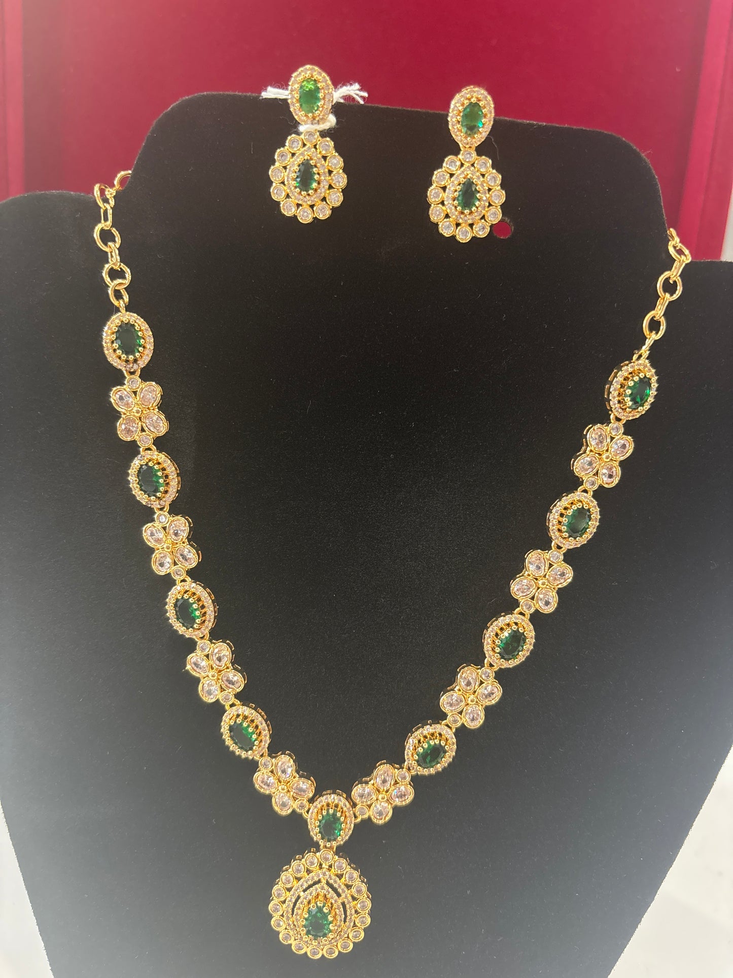 Amazing Green  And White Stones Gold Plated Necklace with Earrings For Women