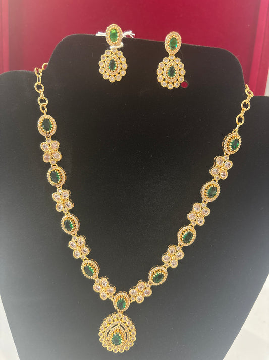 Amazing Green And White Stones Embadded Gold Plated Necklace With Earrings Set