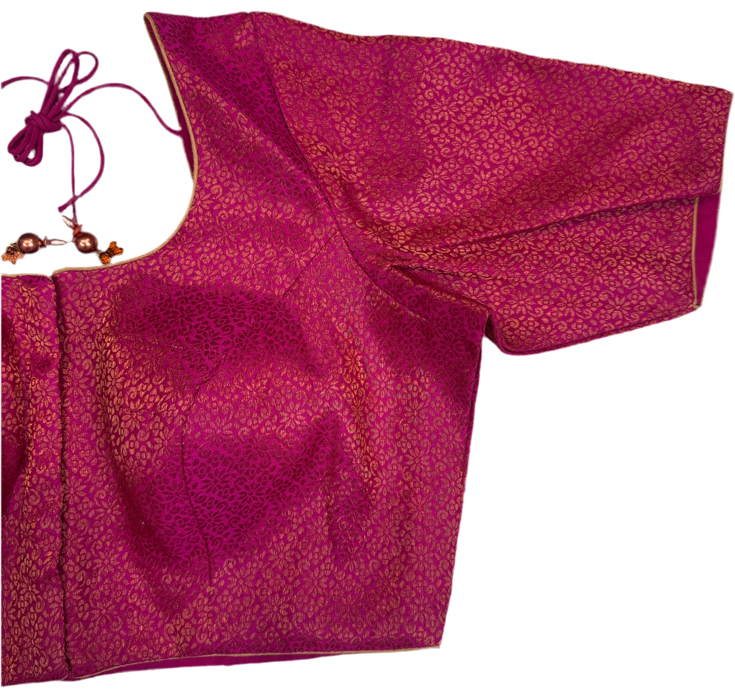 Alluring Front Open Rani Pink Color Brocade Elbow Sleeve Readymade Blouse For Women