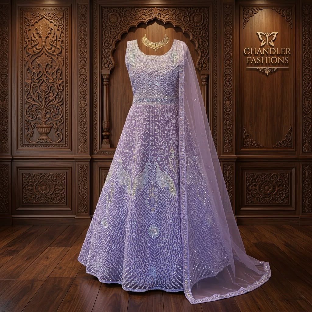 Amazing Lavender Color Net With Embroidery And Sequins Work Anarkali Gown For Women