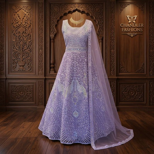 Amazing Lavender Color Net With Embroidery And Sequins Work Anarkali Gown For Women