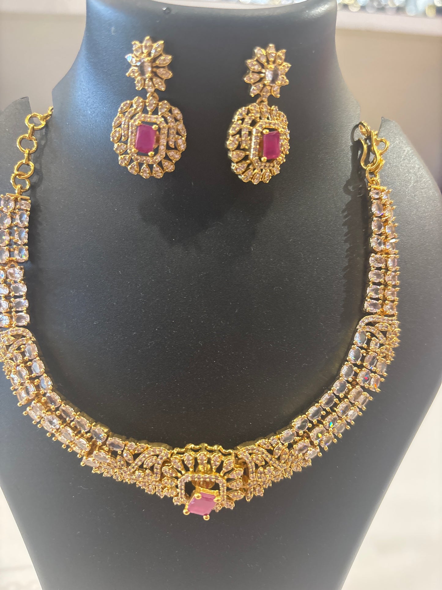 Amazing Gold Plated White  And Pink Stones Necklace With Earrings For Women