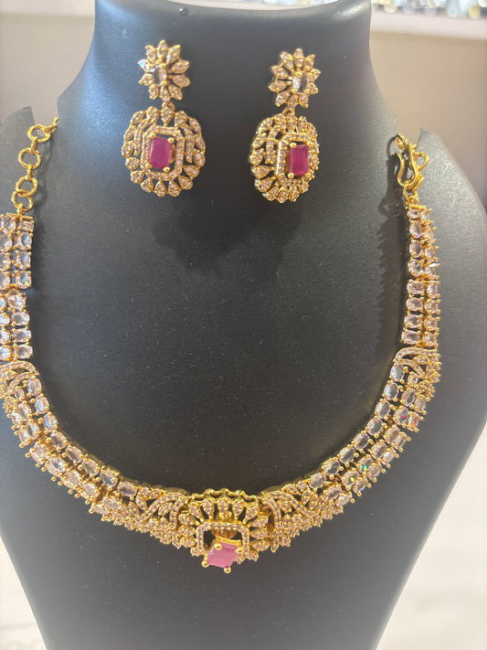 Amazing White And Pink Color Stones Necklace With Earrings For Women