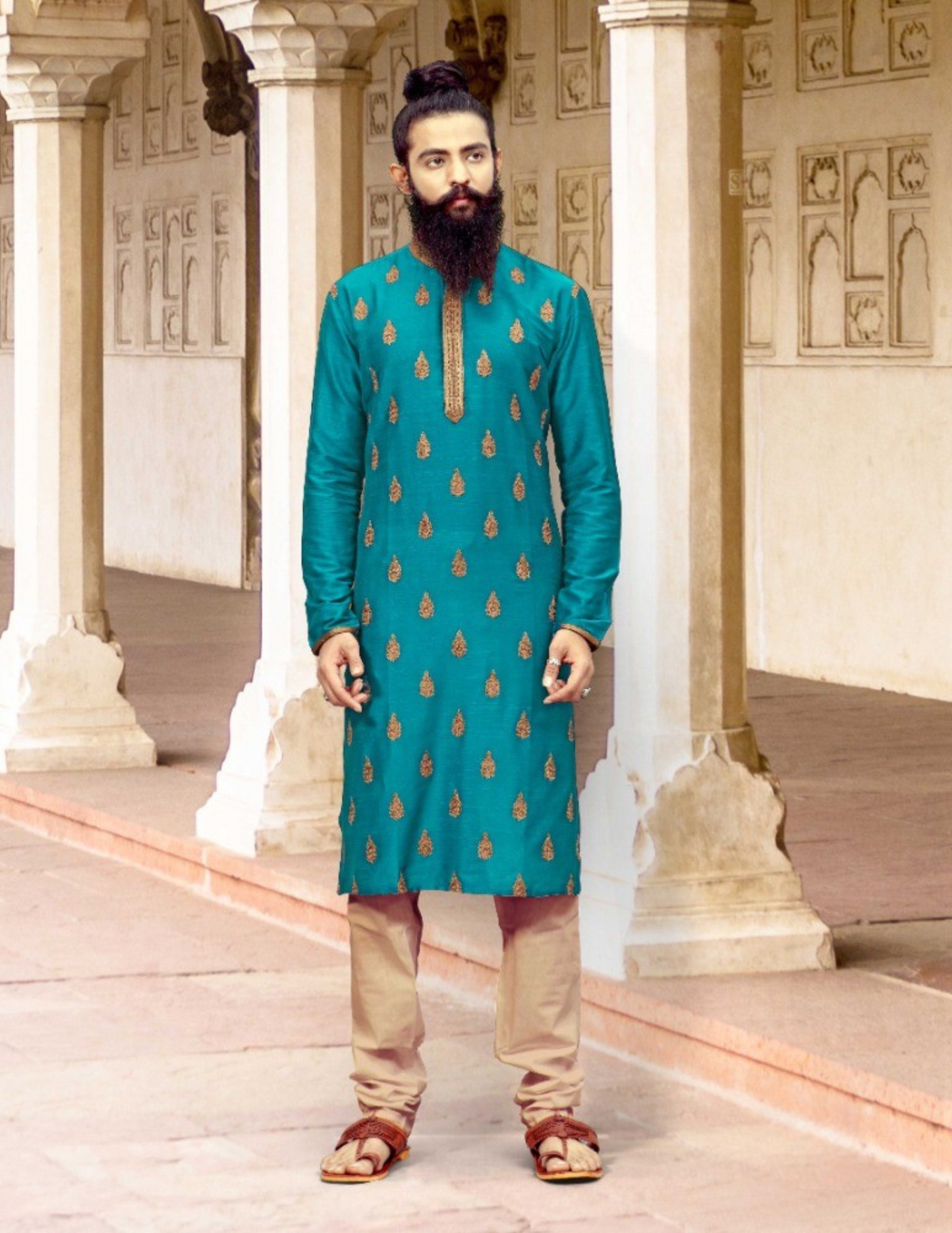 Wonderful Teal Blue Color Slub Silk Thread Embroidery Work Men's Kurta