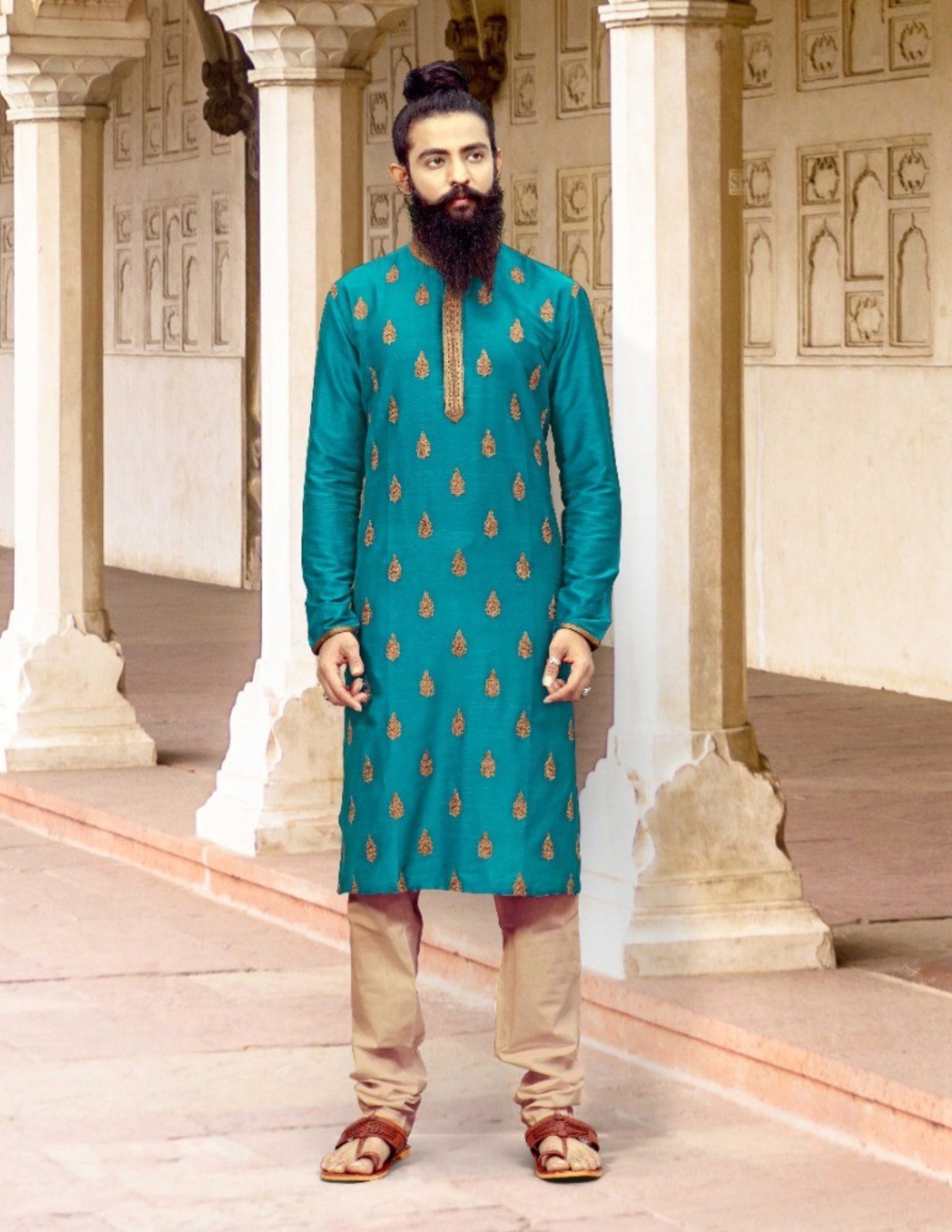 Wonderful Teal Blue Color Slub Silk Thread Embroidery Work Men's Kurta