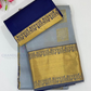 Attractive Gray Color Pure Kanchi Silk With Gold Zari Work And Blue Pallu Saree For Women - SILKMARK CERTIFIED