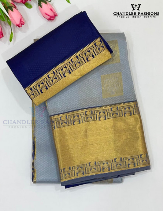 Attractive Gray Color Pure Kanchi Silk With Gold Zari Work And Blue Pallu Saree For Women - SILKMARK CERTIFIED