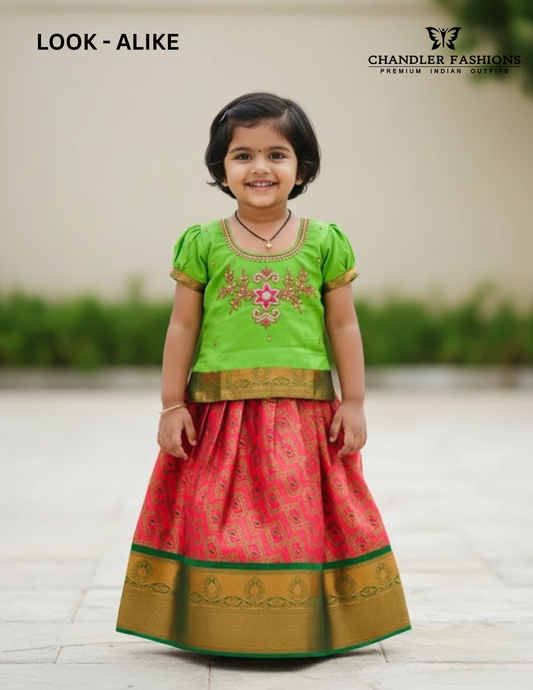 Gorgeous Green And Pink Color Designer Kids Silk Langa Set