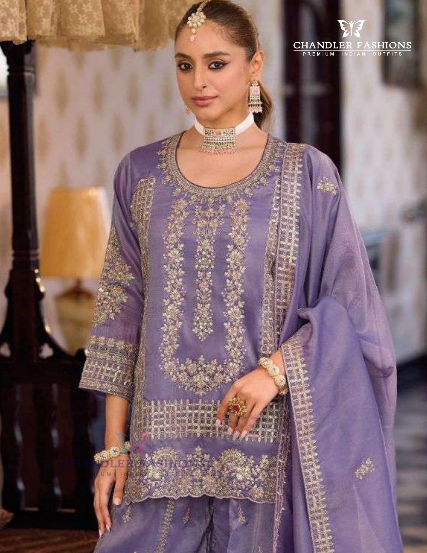 Stunning Purple Color Shimmer Palazzo Suits With Embroidery Work For Women