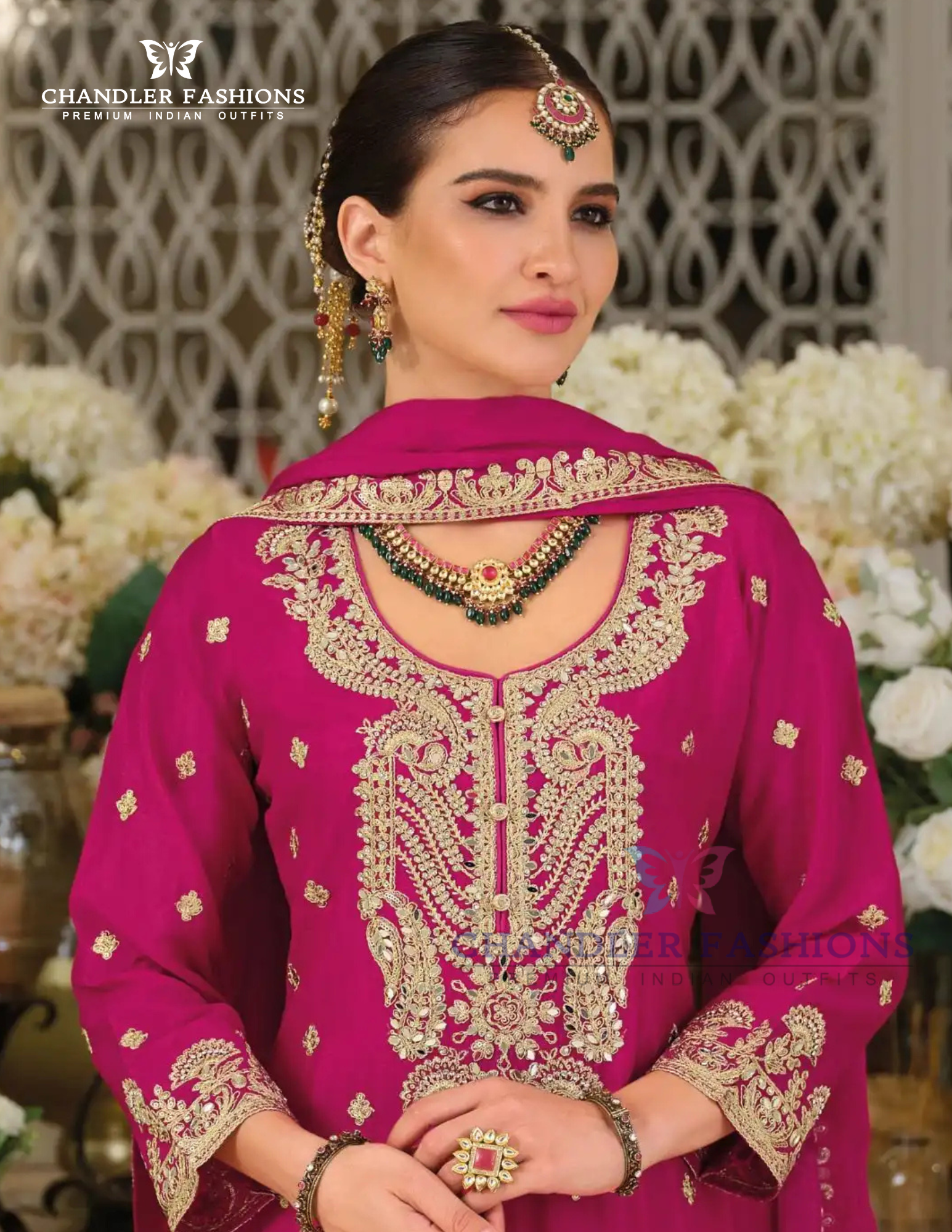 Elegant Rani Pink Color Chinon Silk Sequins And Embroidery Work Palazzo Suits Near Me