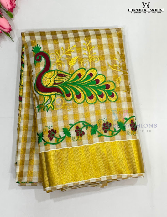 Wonderful Kerala Cotton Peacock Embroidery With Copper Zari Border For women