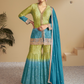 Attractive Green With Blue Color Chinon Sharara Suits With Embroidered Work For Women