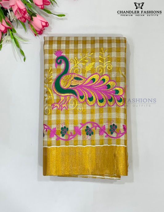 Charming Kerala Cotton Peacock Embroidery With Copper Zari Border For Women