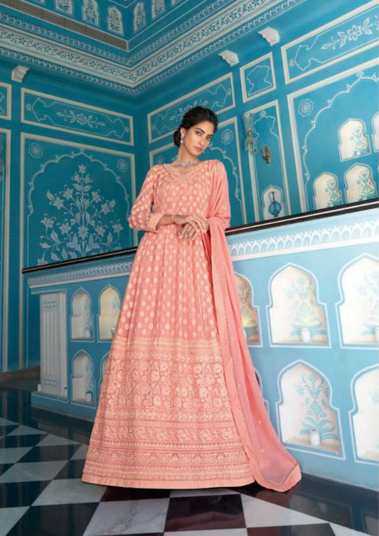 Traditional Wear Pink Embroidery Work Faux Georgette Readymade Anarkali Suit