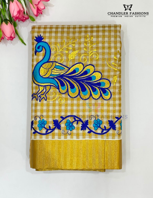 Wonderful Kerala Cotton Peacock Embroidery Saree With Copper Zari Border