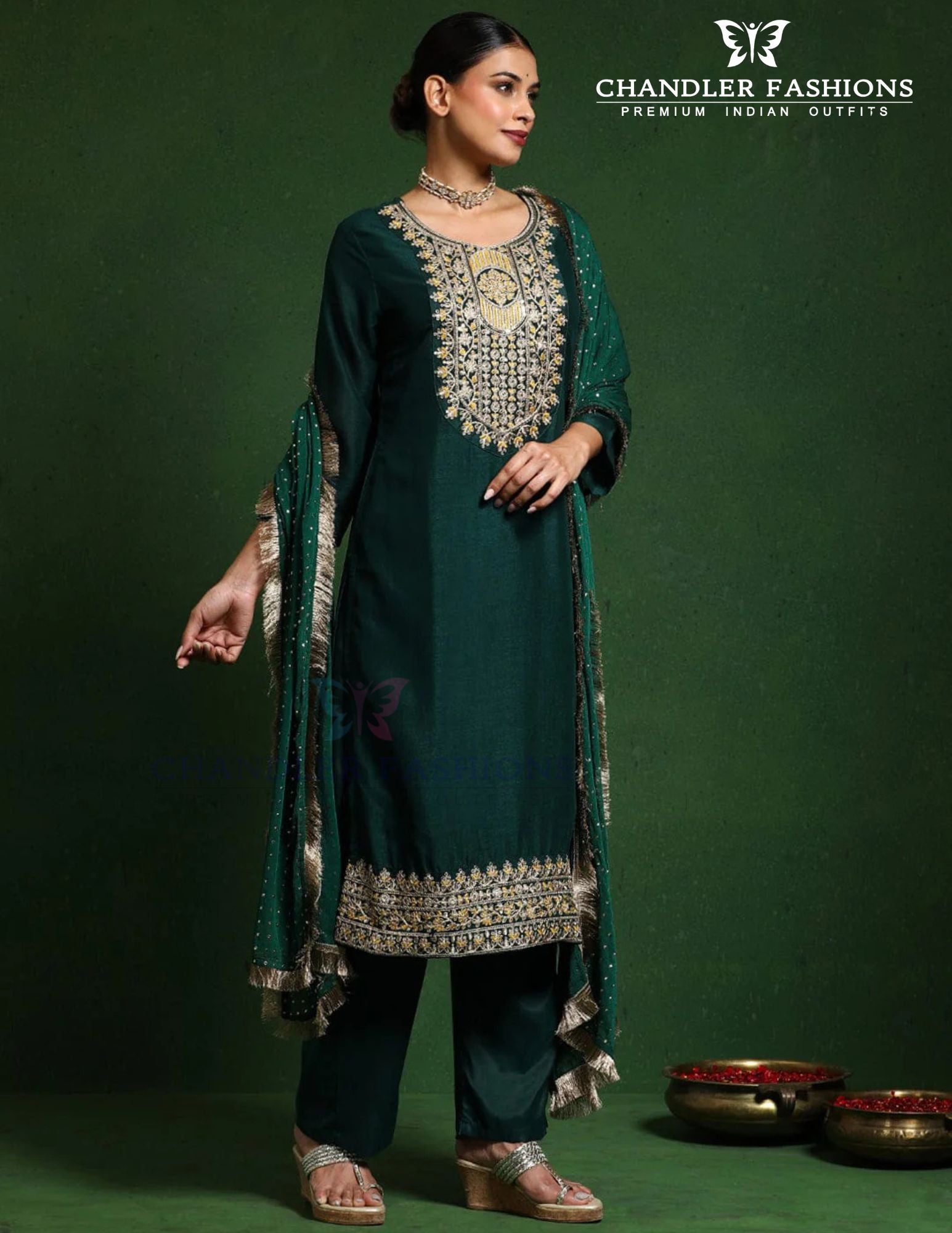 Beautiful Dark Green Color Cotton Silk With Embroidery Work Salwar Suits For Women Near Me
