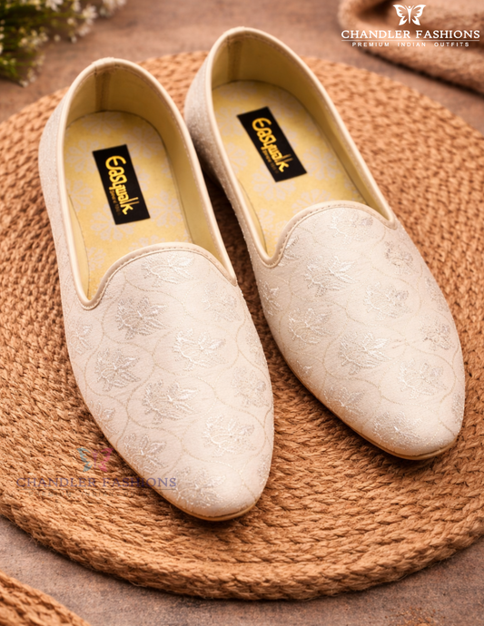 Premium Quality Beige Color Velvet With Embroidery Work Mojaris For Men