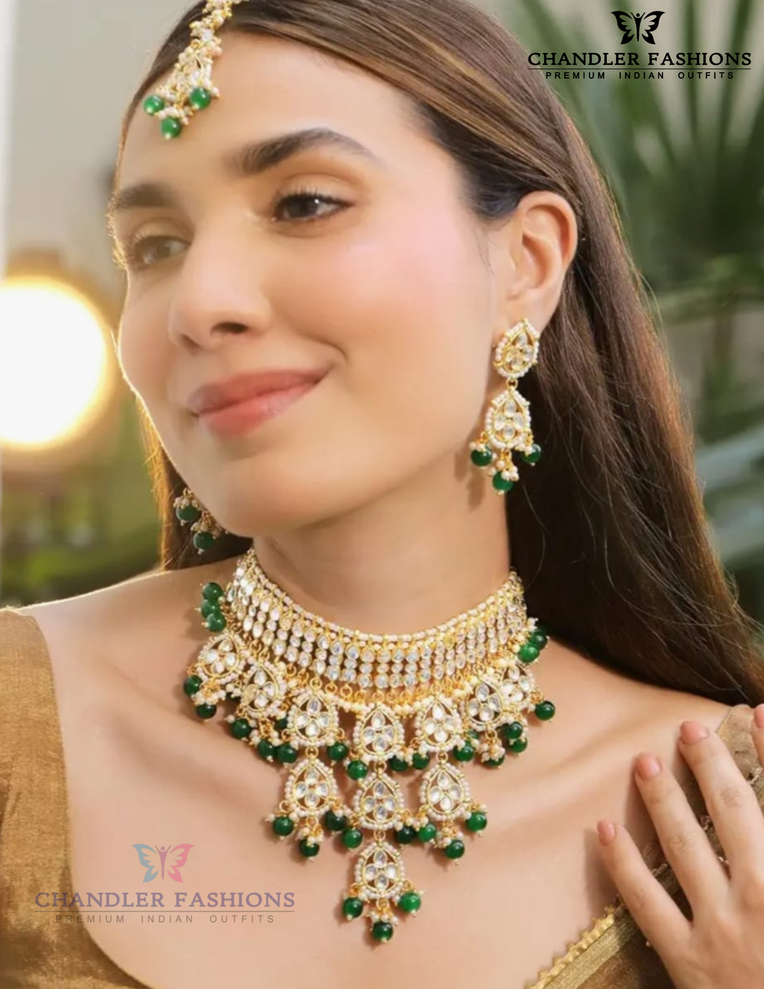 Elegant White Stones With Green Pearl Choker Set For Women