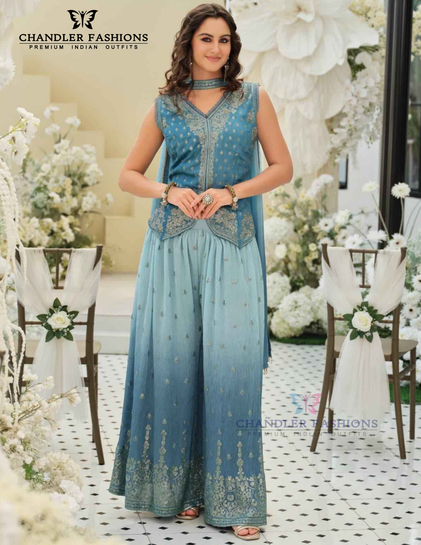 Pleasing Teal Blue Color Pure Viscose Palazzo Suits With Embroidery Work Near Me