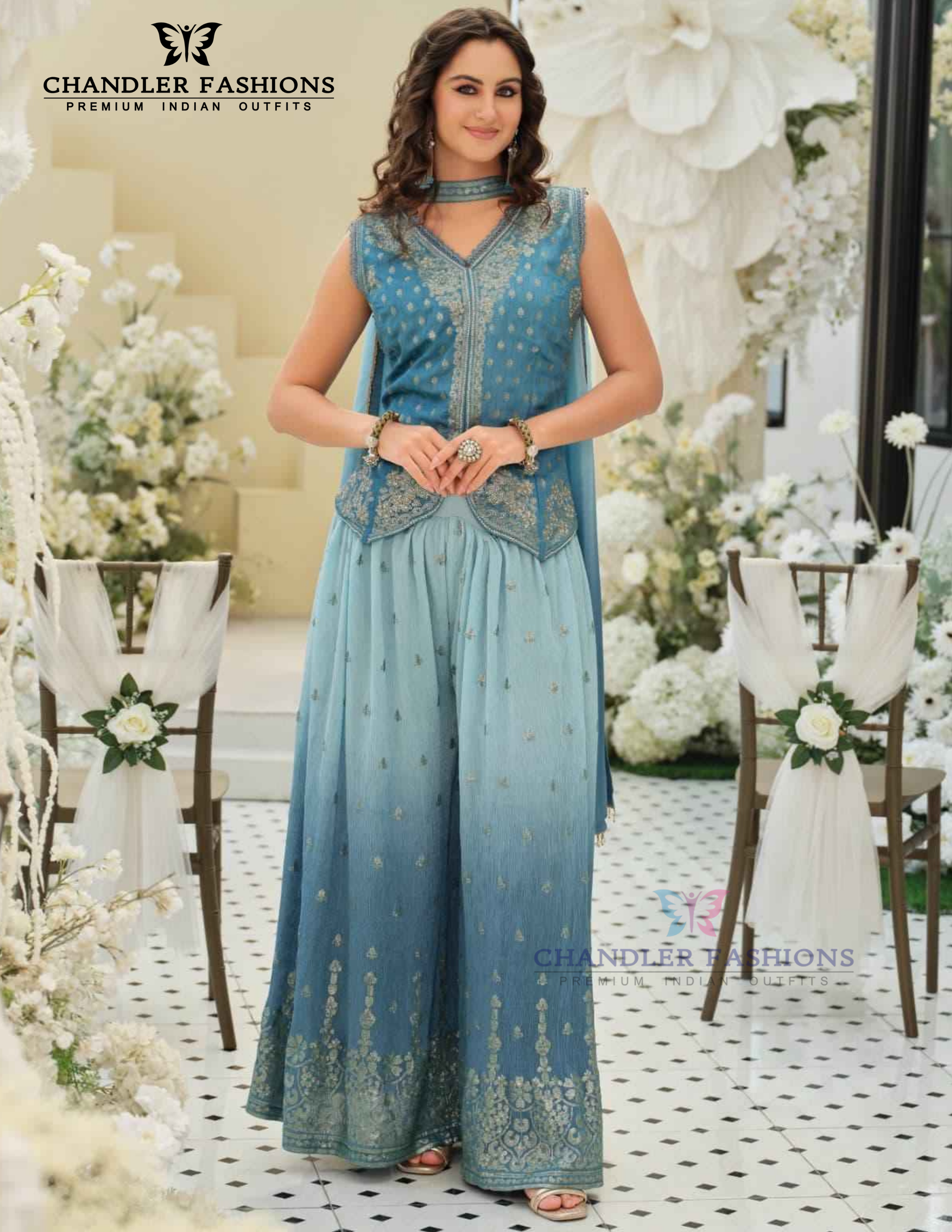 Pleasing Teal Blue Color Pure Viscose Palazzo Suits With Embroidery Work Near Me