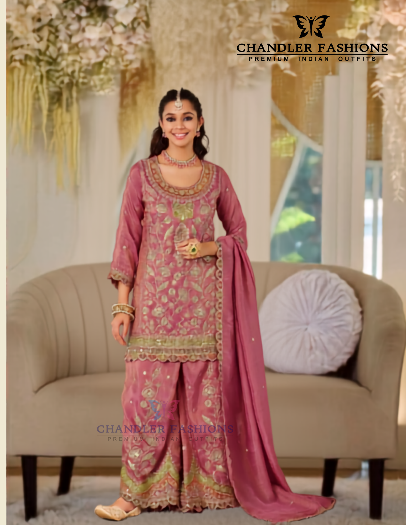 Stunning Pink Color Chinon With Embroidery And Sequins Work Palazzo Suit With Dupatta For Women