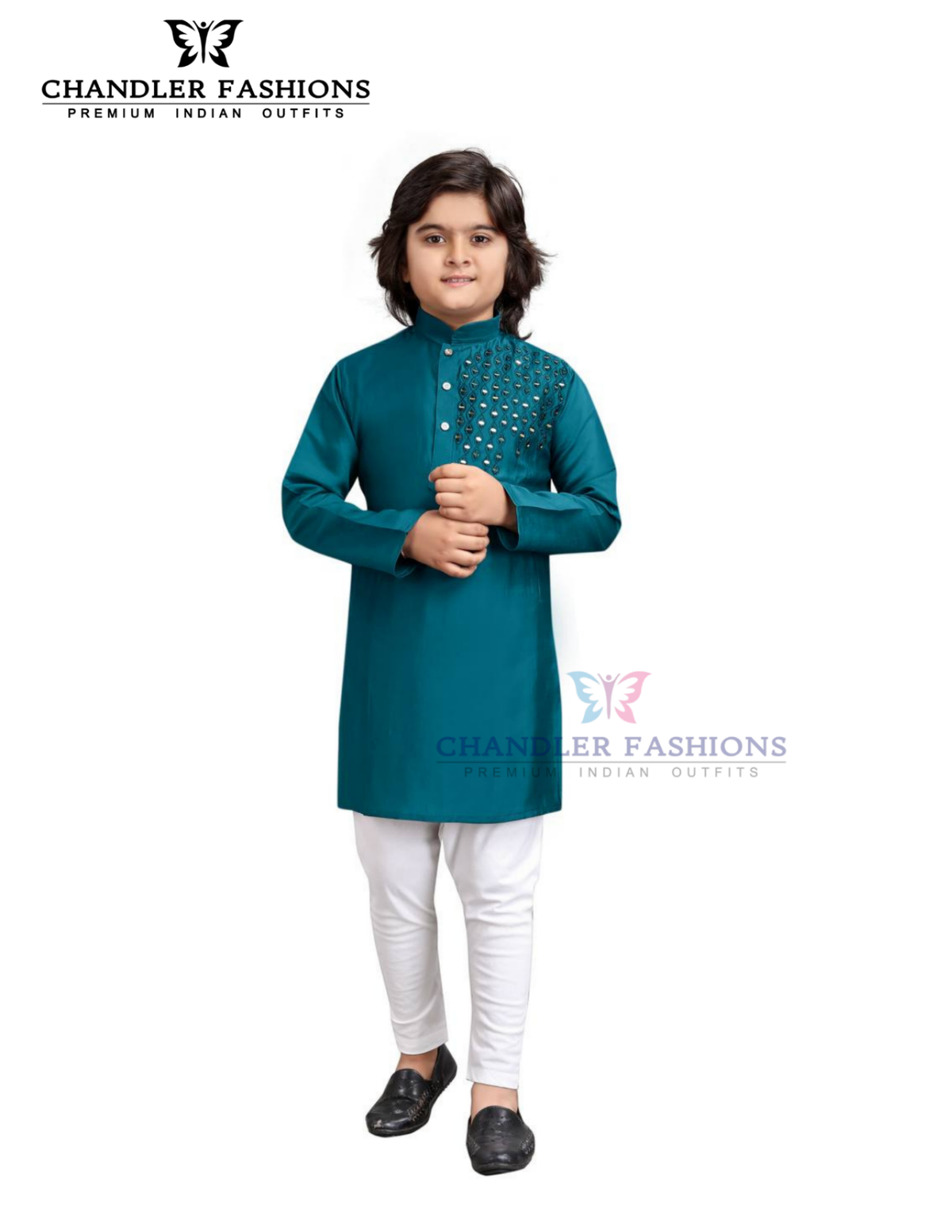 Glorious Teal Blue Color Silk With Embroidery Work Kurta Pajama Set For Kids