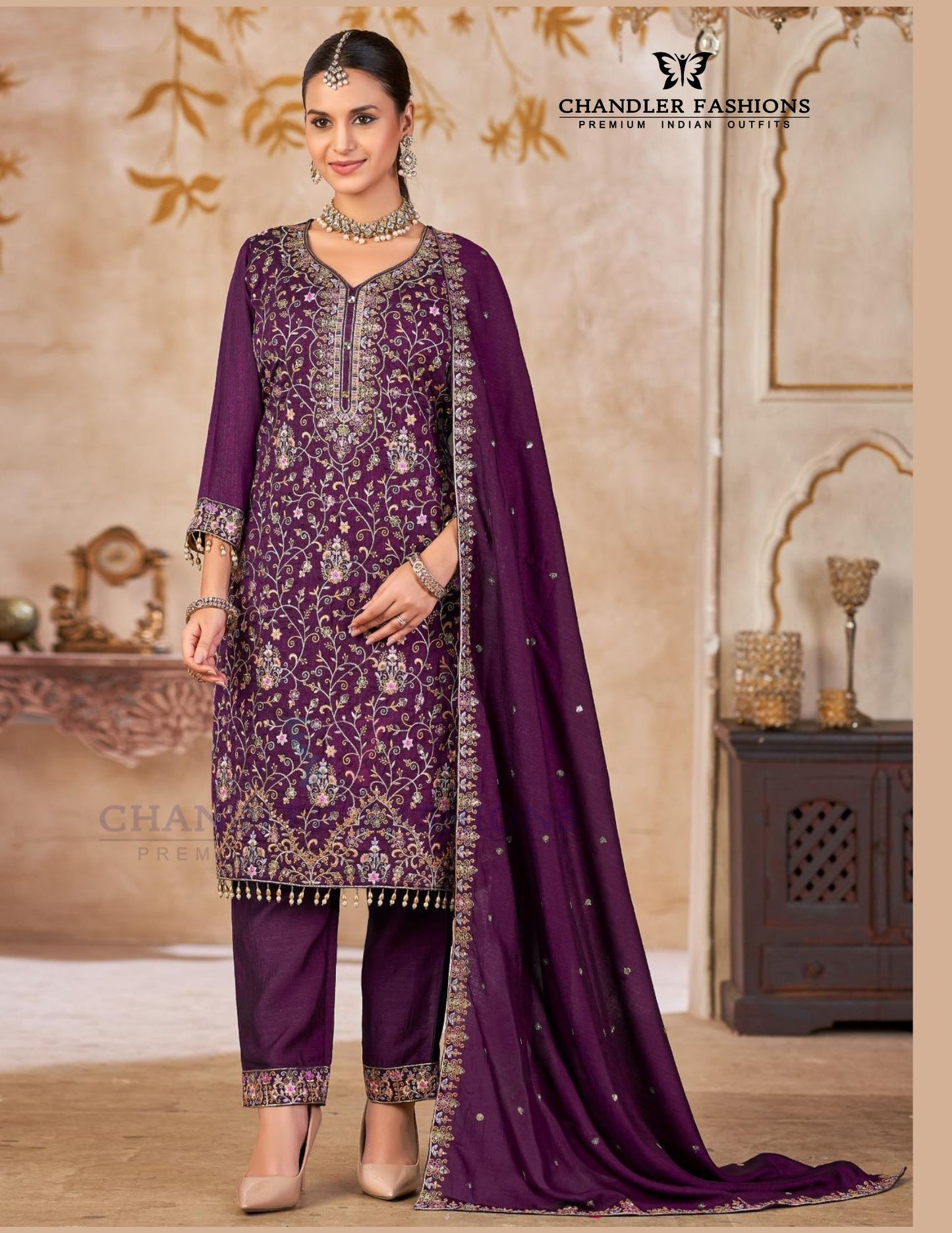 Alluring Purple Color Vichitra Silk With Heavy Embroidery Work Salwar Suits For Women