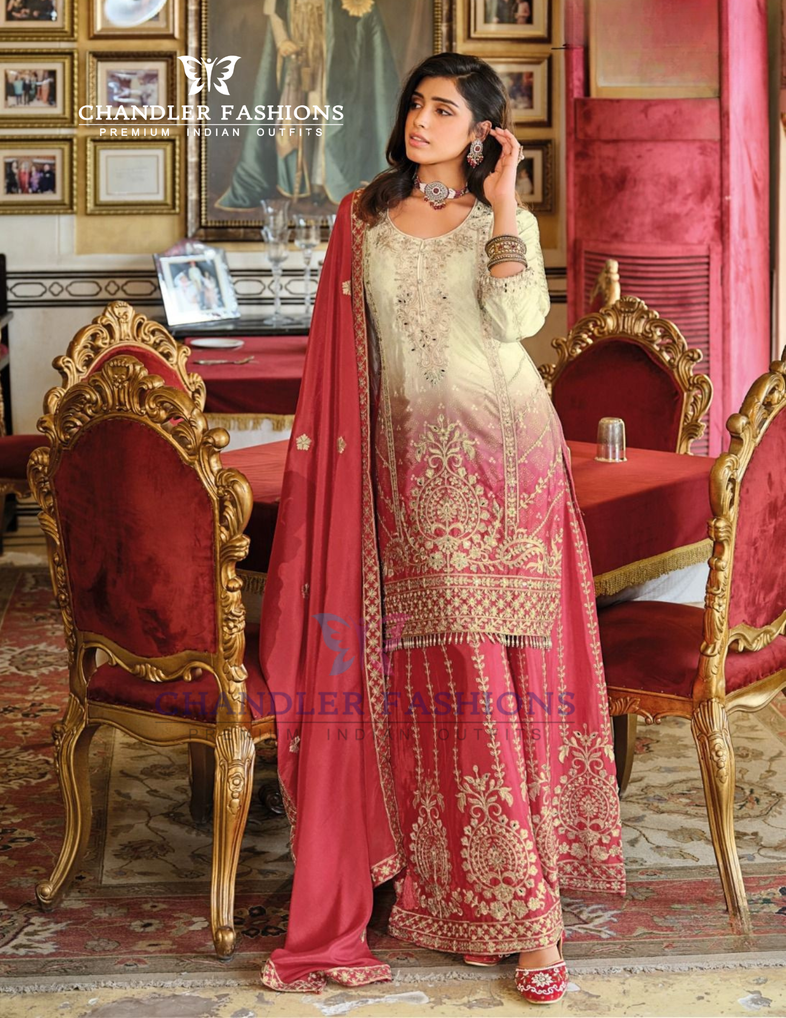 Red Color Chinon With Digital Print And Embroidery Work Palazzo Suits Near Me