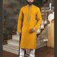 Attractive Yellow Color Neck Embroidery Work Slub Silk With Pajama Set For Men's Kurta