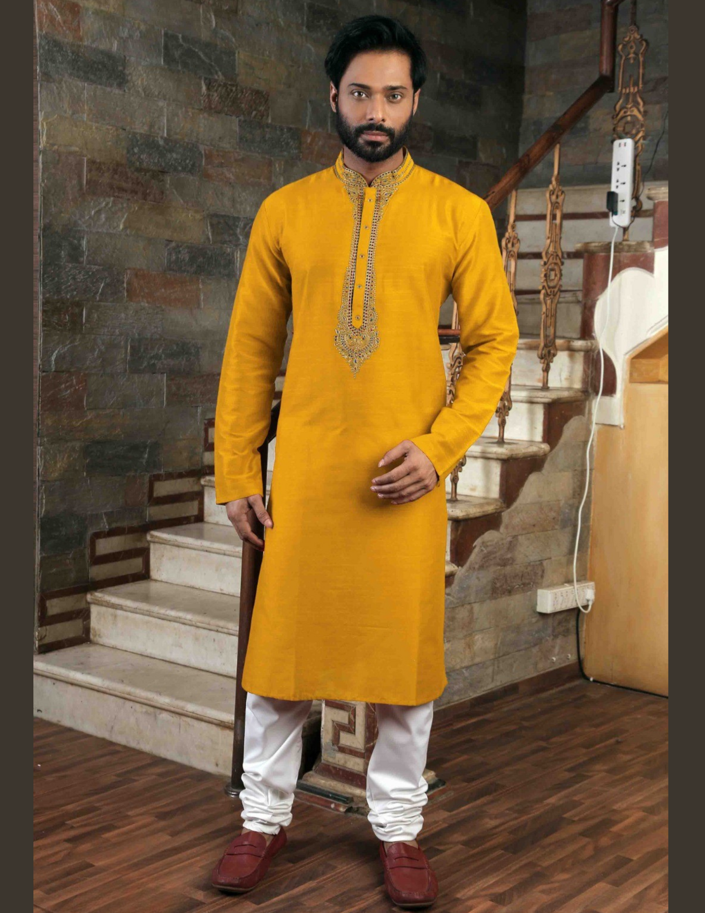 Attractive Yellow Color Neck Embroidery Work Slub Silk With Pajama Set For Men's Kurta