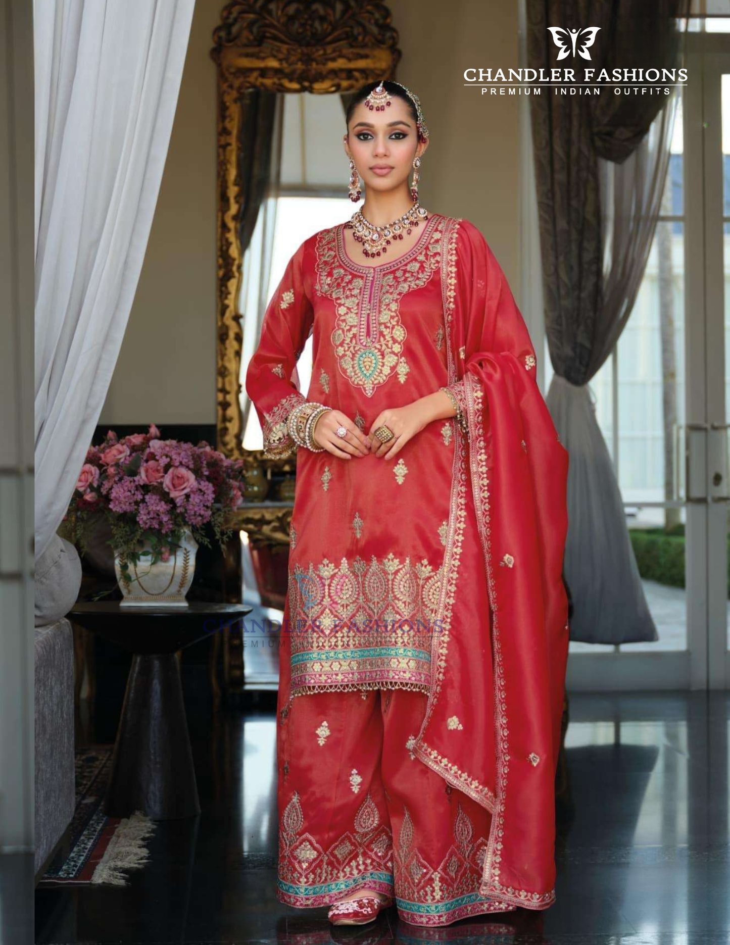 Alluring Red Color Shimmer With Embroidery Work Palazzo Suits For Women