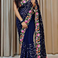 Gorgeous Dark Blue Colored Thread Embroidery Work Georgette Saree For Women