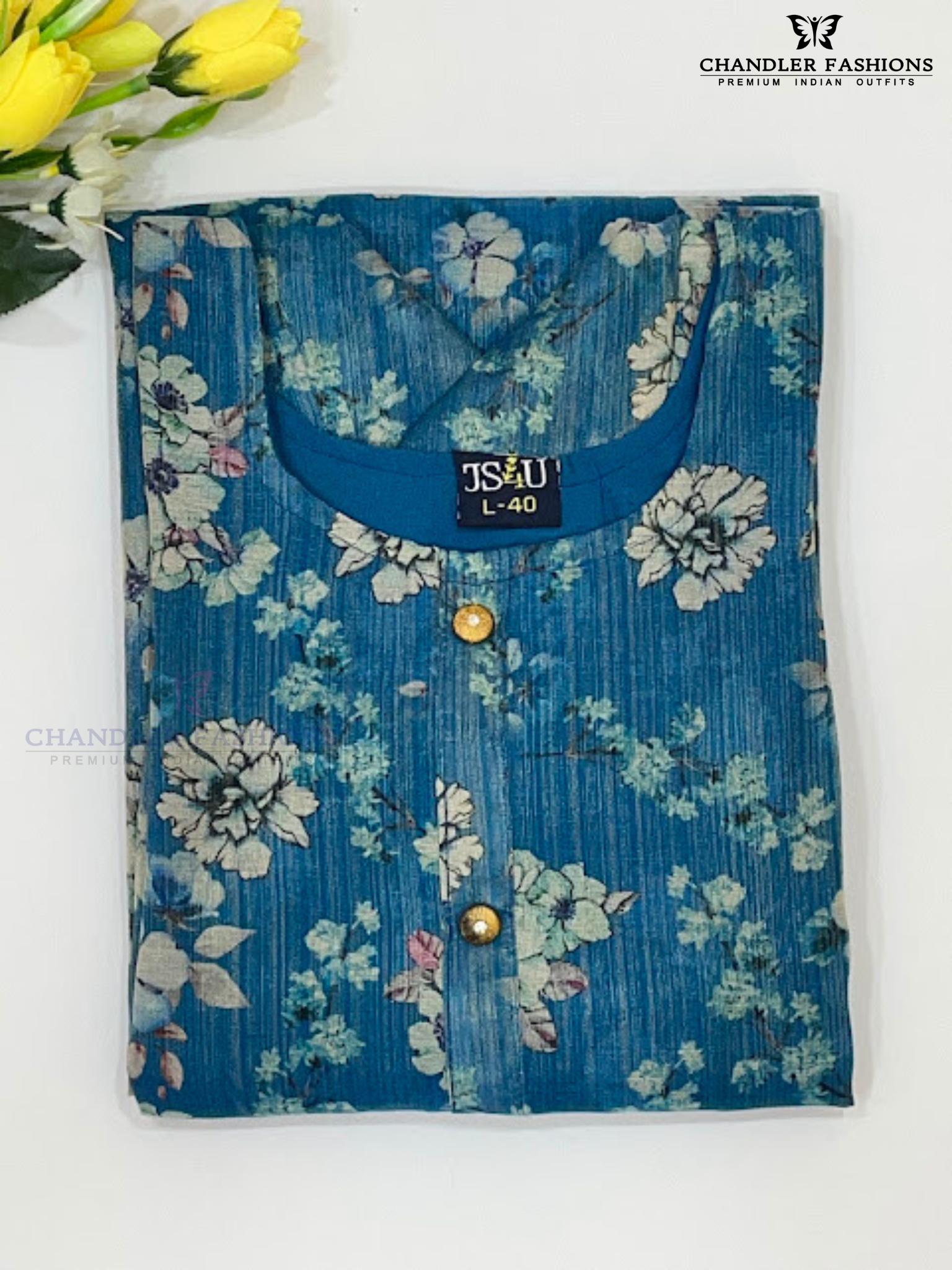 Charming Blue Color Tissue Silk With Floral Design Work Kurti In Surrise