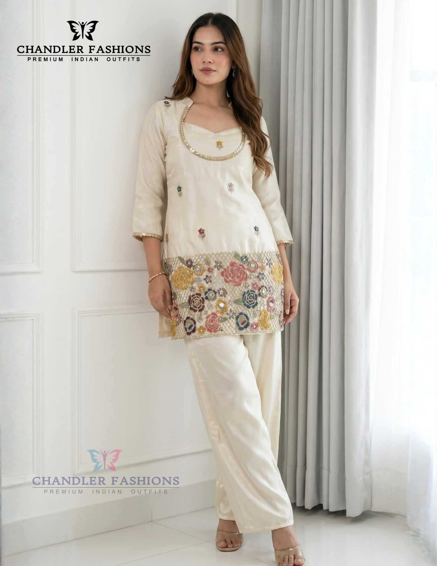 Attractive Off White Color Shimmer With Embroidery Work Palazzo Suits For Women