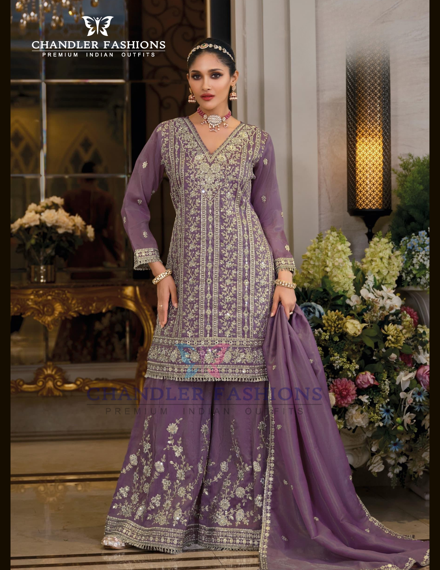 Purple Color Shimmer With Embroidery Work Palazzo Suits And Dupatta Near Me