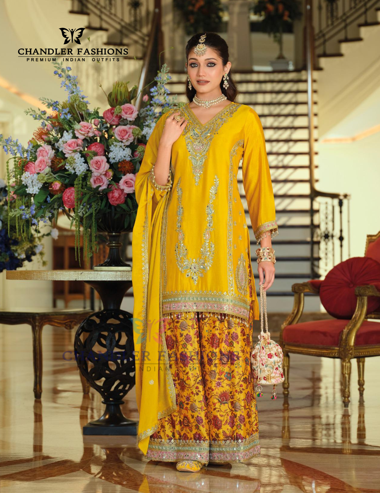 Yellow Color Heavy Chinon Palazzo Suits And Dupatta Near Me