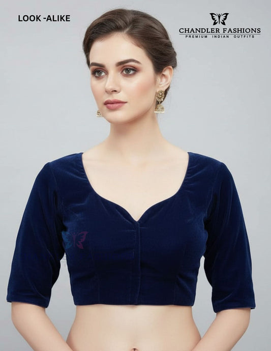 Attractive Navy Blue Colored Velvet With Paan Neck Readymade Blouse For Women 