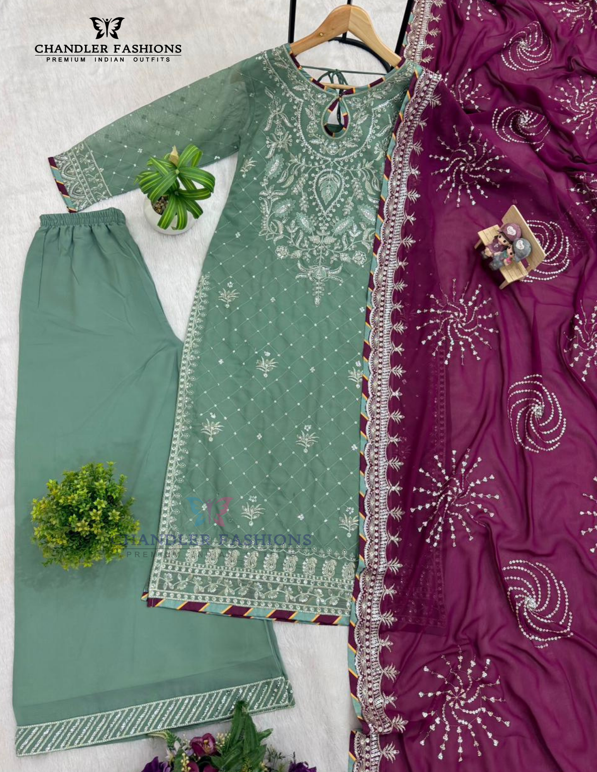 Green Color Georgette With Embroidery Work Palazzo Suits In Chandler