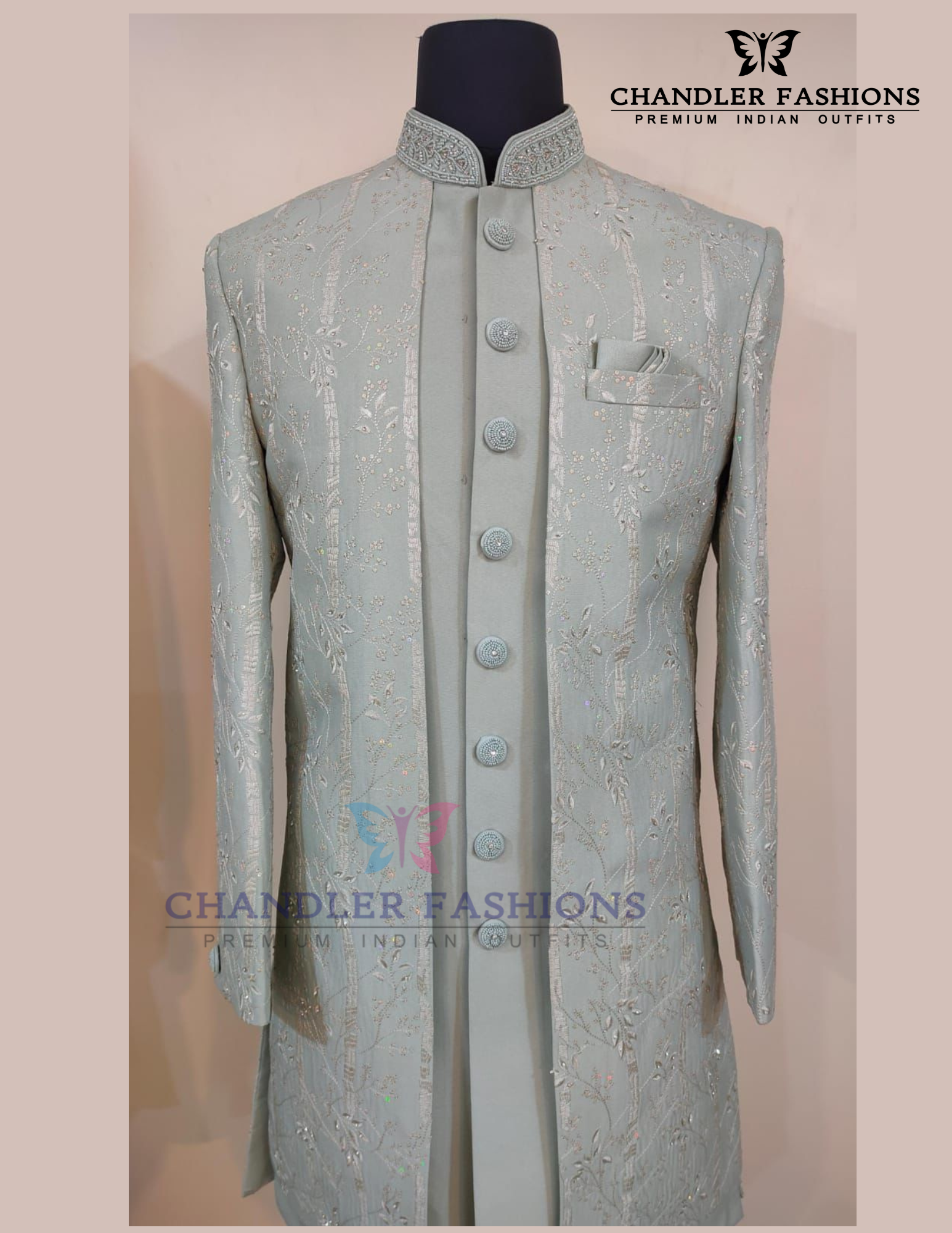 Attractive Pista Green Color Silk With Hand Embroidery Work Sherwani Suit For Men - PREMIUM QUALITY