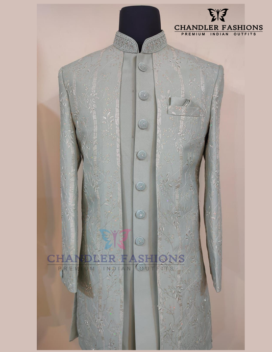 Attractive Pista Green Color Silk With Hand Embroidery Work Sherwani Suit For Men - PREMIUM QUALITY