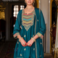Exquisite Teal Blue Color Heavy Chinon Palazzo Suits With Embroidery Work Near Me