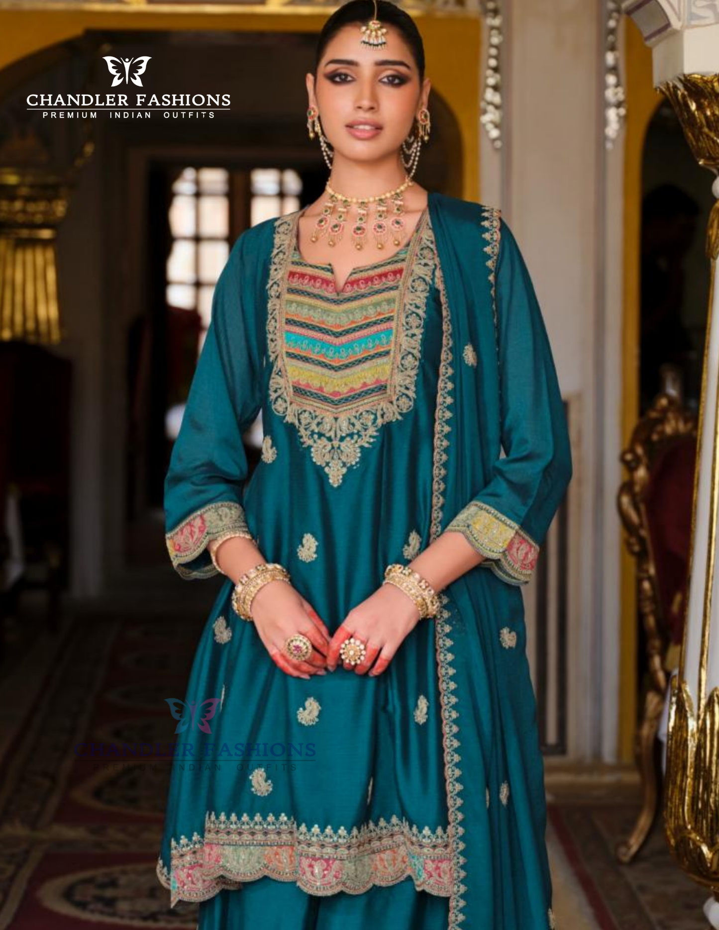 Exquisite Teal Blue Color Heavy Chinon Palazzo Suits With Embroidery Work Near Me