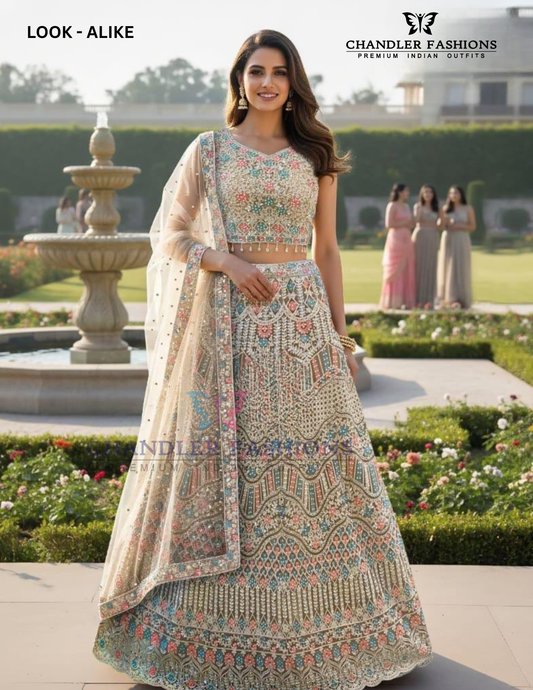Gorgeous Cream Color Net With Embroidery And Sequins Work Lehenga Choli For Women