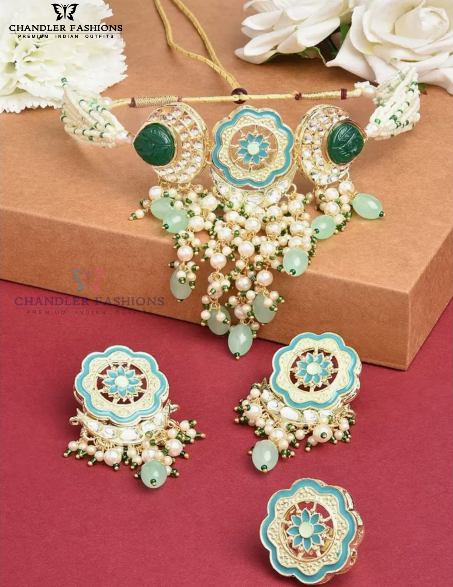 Green Pearl Beaded Kundan Set With Rings Near Me