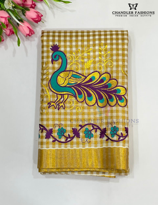 Wonderful Kerala Cotton Peacock Embroidery Saree With Copper Zari Border