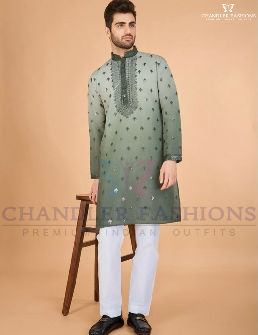 Alluring Green Color Embroidery Kurta Thread Work With Pajama Cotton Set For Men