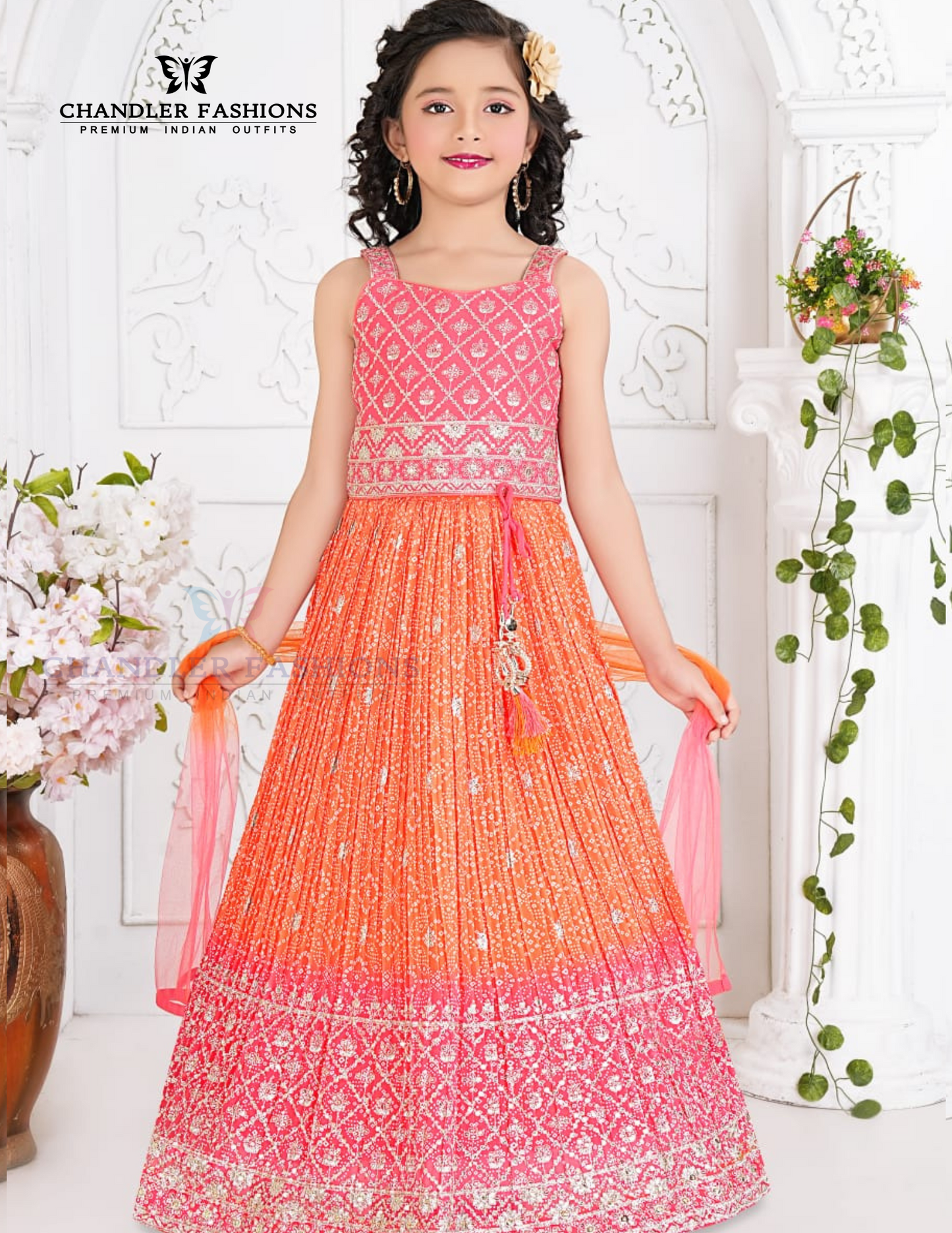 Alluring Pink And Orange Color Chanderi Cotton Embroidery Work Choli Set For Girls
