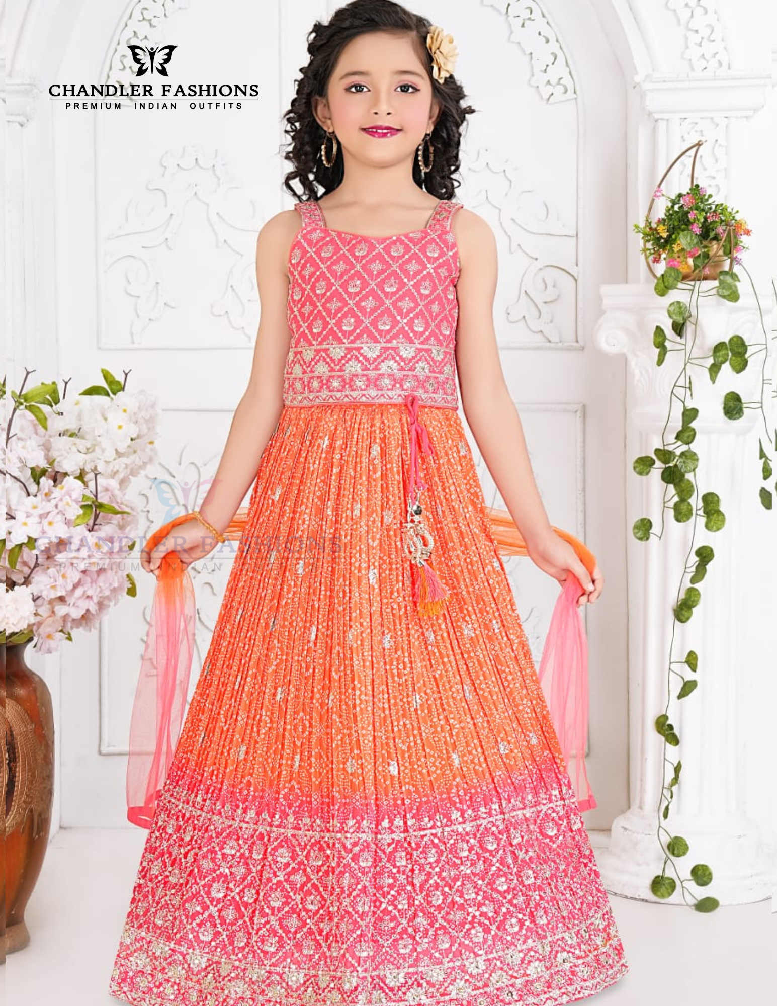 Alluring Pink And Orange Color Chanderi Cotton Embroidery Work Choli Set For Girls