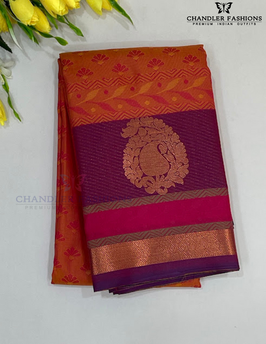 Wonderful Orange Color Pure Kanchi Silk Zari Border Work Saree For Women